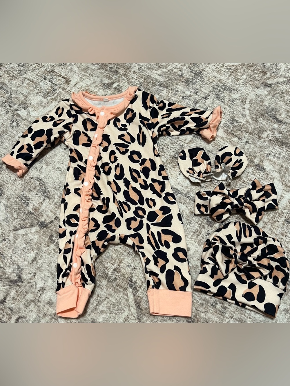Peach Leopard Print Baby One-Piece Romper & Accessories